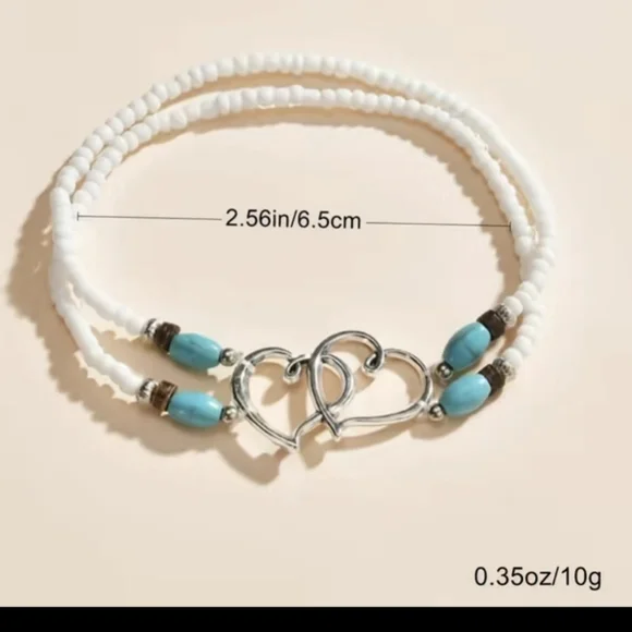 Ankle Bracelet Double Hearts Tiny Beads White With Turquoise Blue NWT - Picture 3 of 5